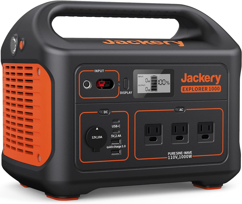 Jackery Explorer 1000 Portable Power Station, 1002Wh Capacity, 3x1000W AC Outlets, Solar-Compatible, Ergonomic Handle, Safe for Outdoor Use