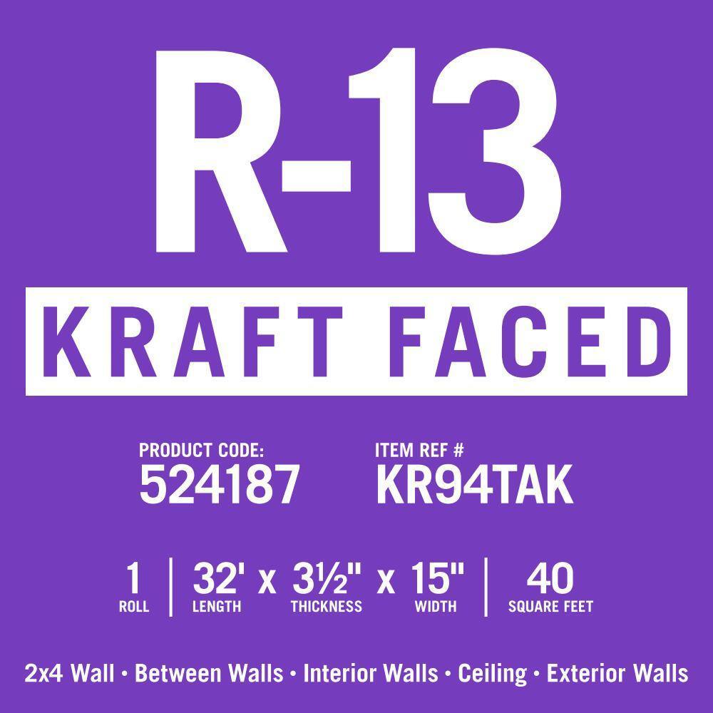 Knauf EcoRoll R-13 Kraft Faced Formaldehyde-Free Fiberglass Insulation, 15"x32', Sustainable & Easy Install