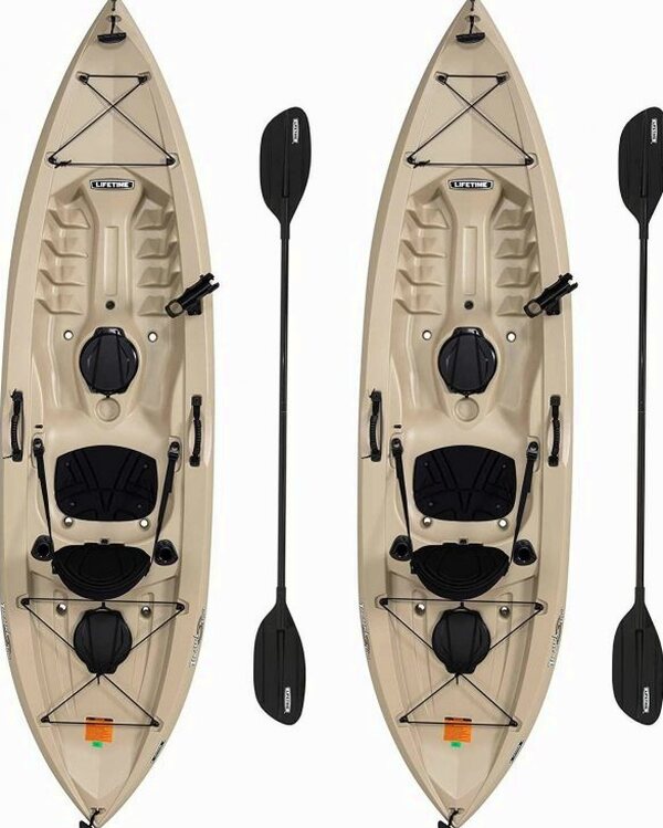 Lifetime Tamarack Angler 100 Fishing Kayak 10ft 2-Pack with Paddles - UV-Protected HDPE, Adjustable Seat, Rod Holders, Tan