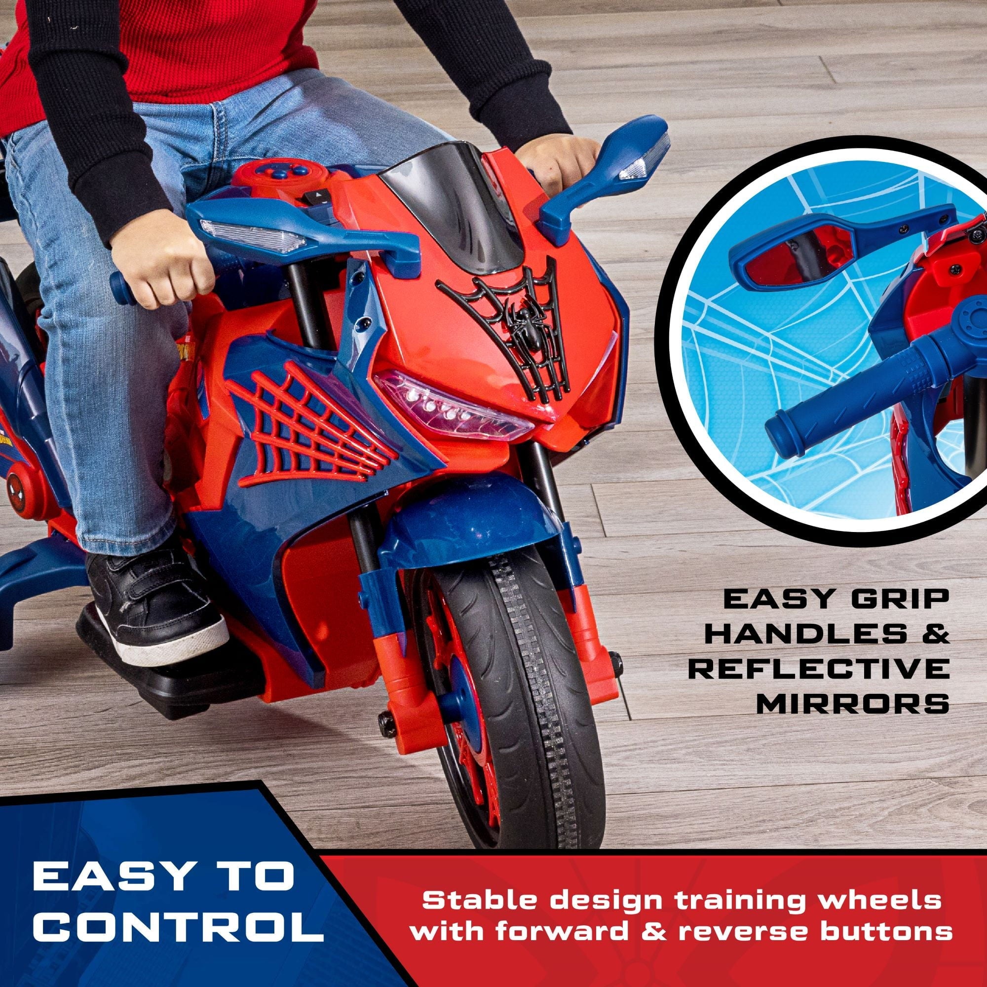 Marvel Spiderman 6V Kids Motorcycle Ride-On Toy, Rechargeable, Ages 3+, Up to 65 lbs, Interactive Lights & Sounds