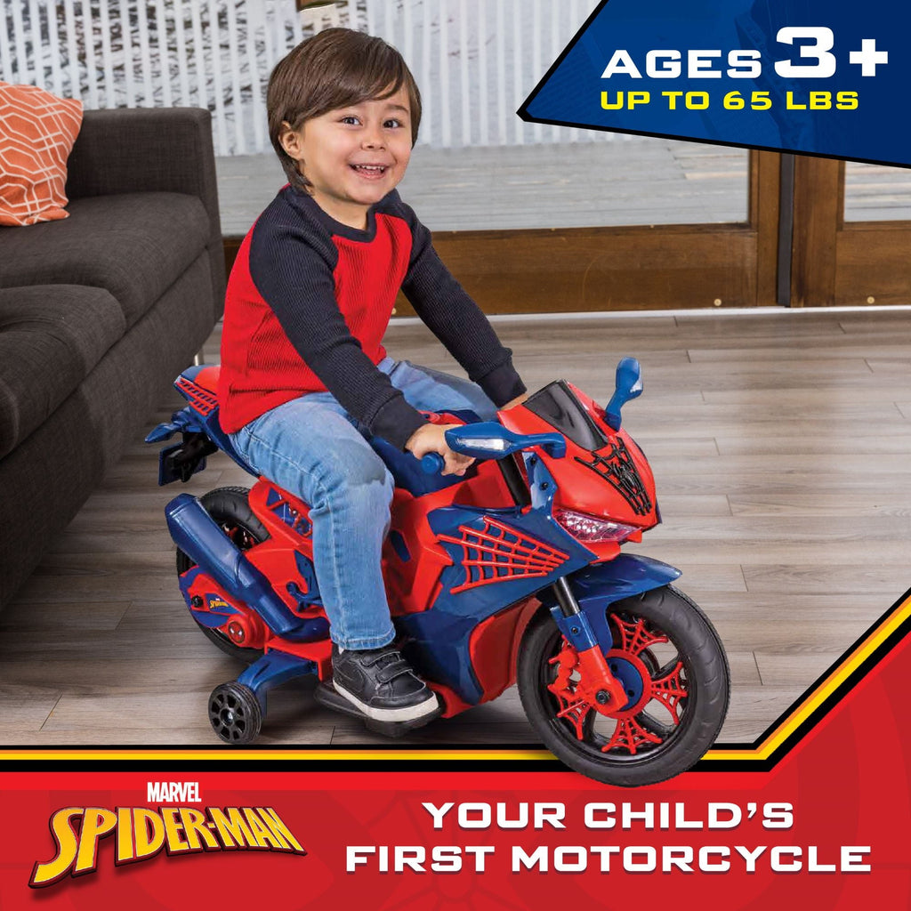 Marvel Spiderman 6V Kids Motorcycle Ride-On Toy, Rechargeable, Ages 3+, Up to 65 lbs, Interactive Lights & Sounds