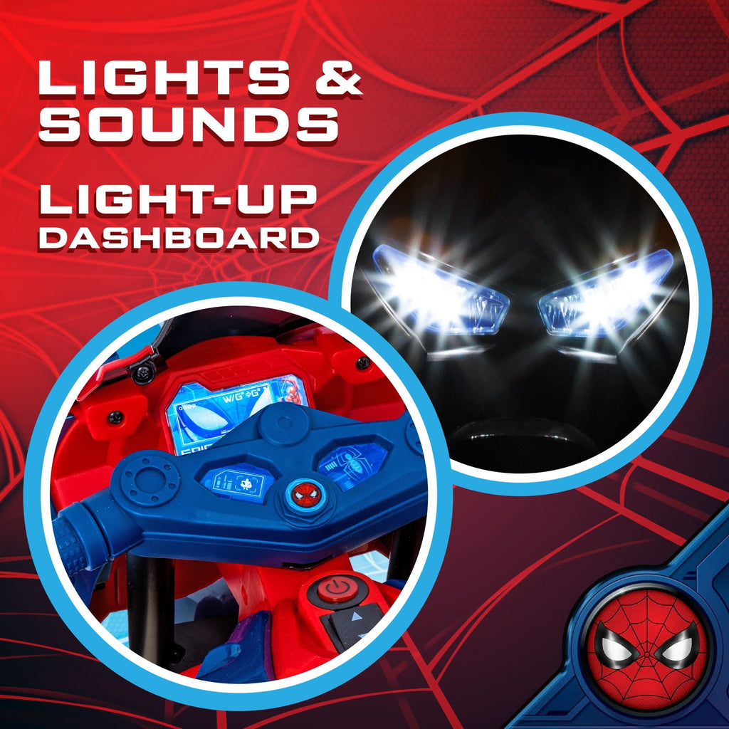 Marvel Spiderman 6V Kids Motorcycle Ride-On Toy, Rechargeable, Ages 3+, Up to 65 lbs, Interactive Lights & Sounds