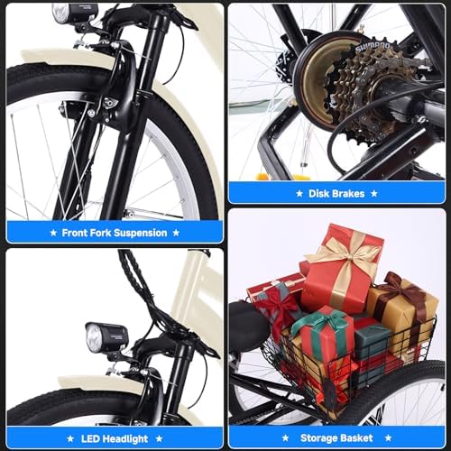 Mobo 26/24" Adult Electric Tricycle - 350W Motor, 36V Battery, 7-Speed, 3-Wheel Mountain Ebike with Basket