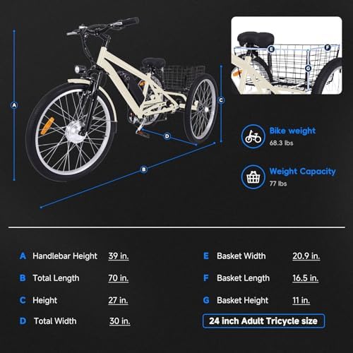 Mobo 26/24" Adult Electric Tricycle - 350W Motor, 36V Battery, 7-Speed, 3-Wheel Mountain Ebike with Basket