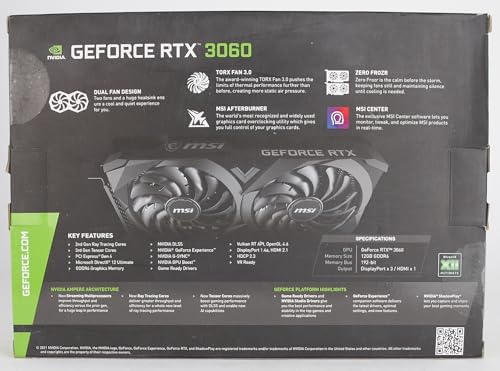 MSI GeForce RTX 3060 12GB GDDR6 Gaming Graphics Card, PCIe 4.0, HDMI/DP, Ray Tracing, Ampere Architecture