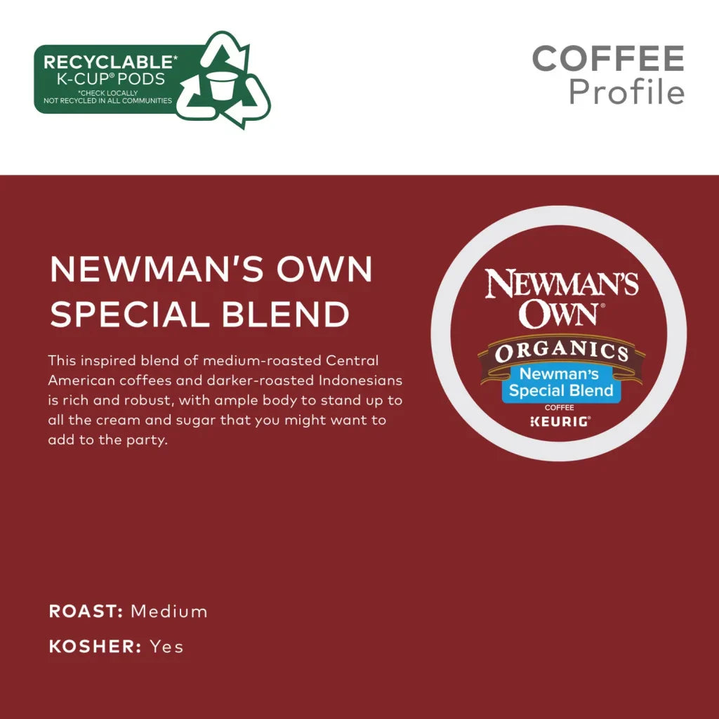 Newman's Own Organics Special Blend Coffee K-Cup Pods, 100ct, USDA Organic, Fair Trade, Medium-Dark Roast