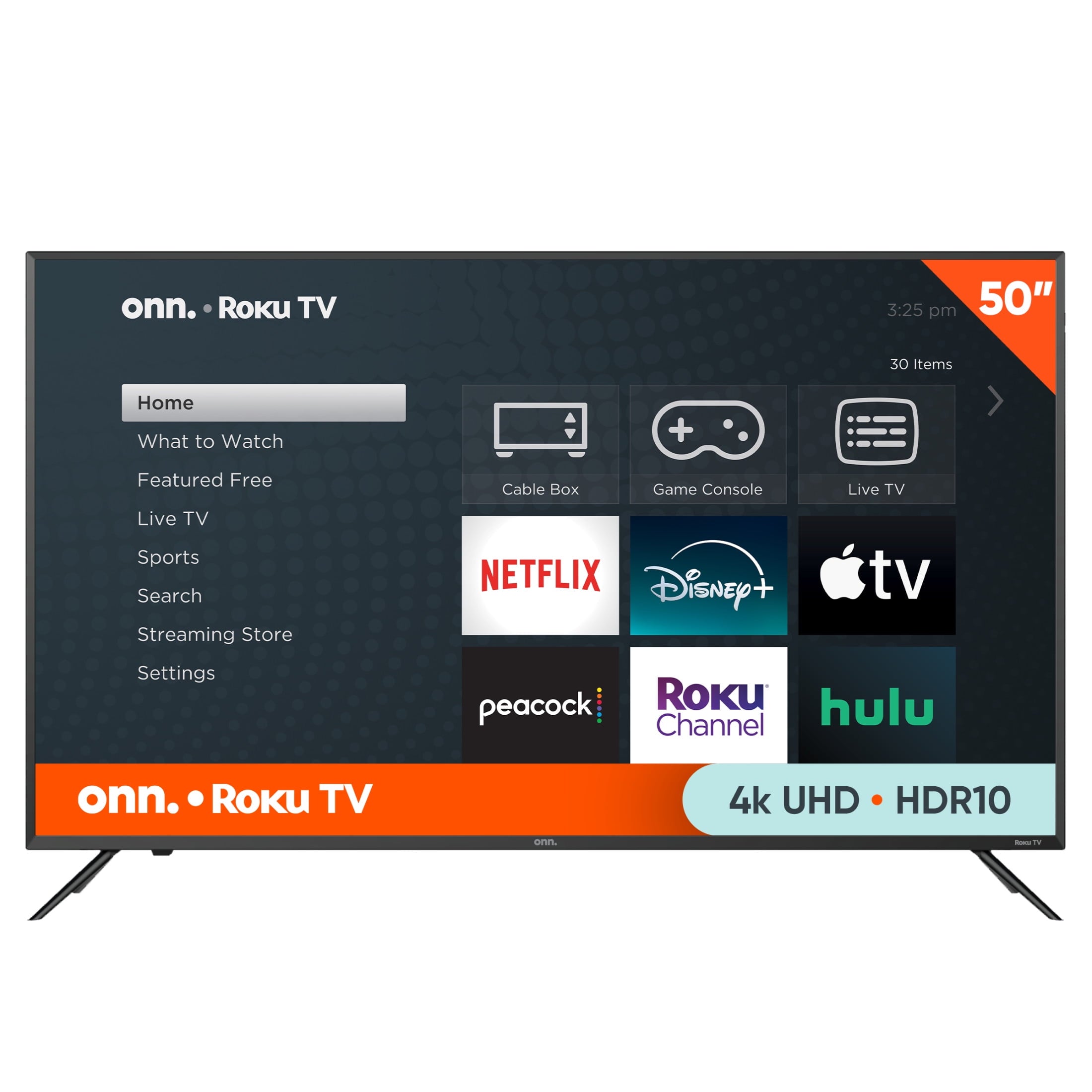 onn. 50" 4K UHD LED Roku Smart TV, HDR, Voice Control, 60Hz, VESA Compatible, 3 HDMI Ports