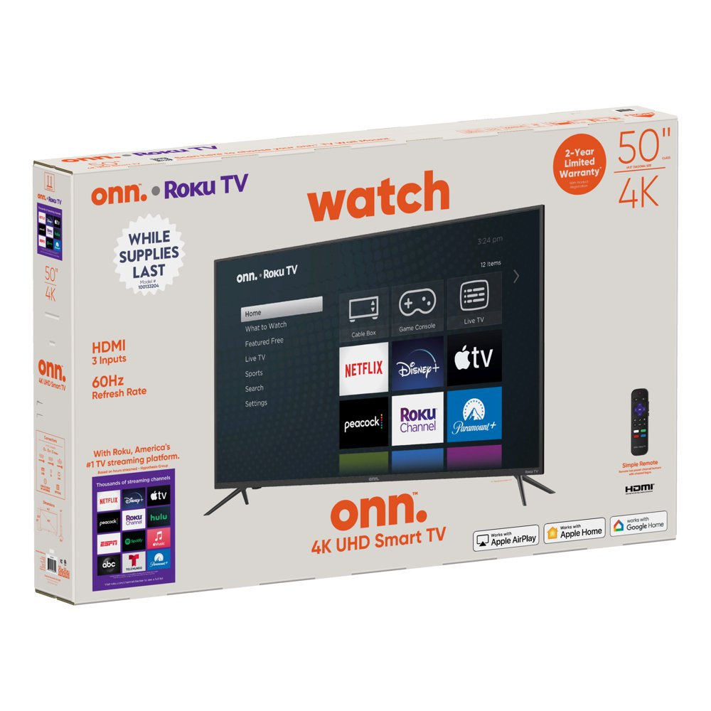 onn. 50" 4K UHD LED Roku Smart TV with HDR, 60Hz Refresh Rate, Voice Control, Multiple Ports, VESA Mount Compatible