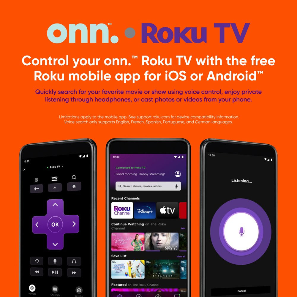 onn. 50" 4K UHD LED Roku Smart TV with HDR, 60Hz Refresh Rate, Voice Control, Multiple Ports, VESA Mount Compatible