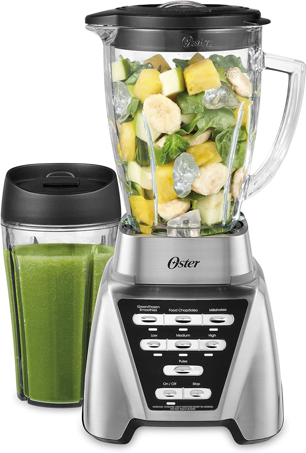 Oster Pro 1200 Blender with Glass Jar & 24oz Smoothie Cup, Brushed Nickel, 7 Speeds, Dual Direction Blades, 1200W Power