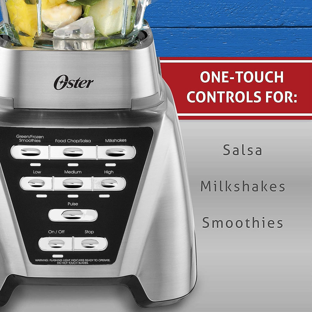 Oster Pro 1200 Blender with Glass Jar & 24oz Smoothie Cup, Brushed Nickel, 7 Speeds, Dual Direction Blades, 1200W Power