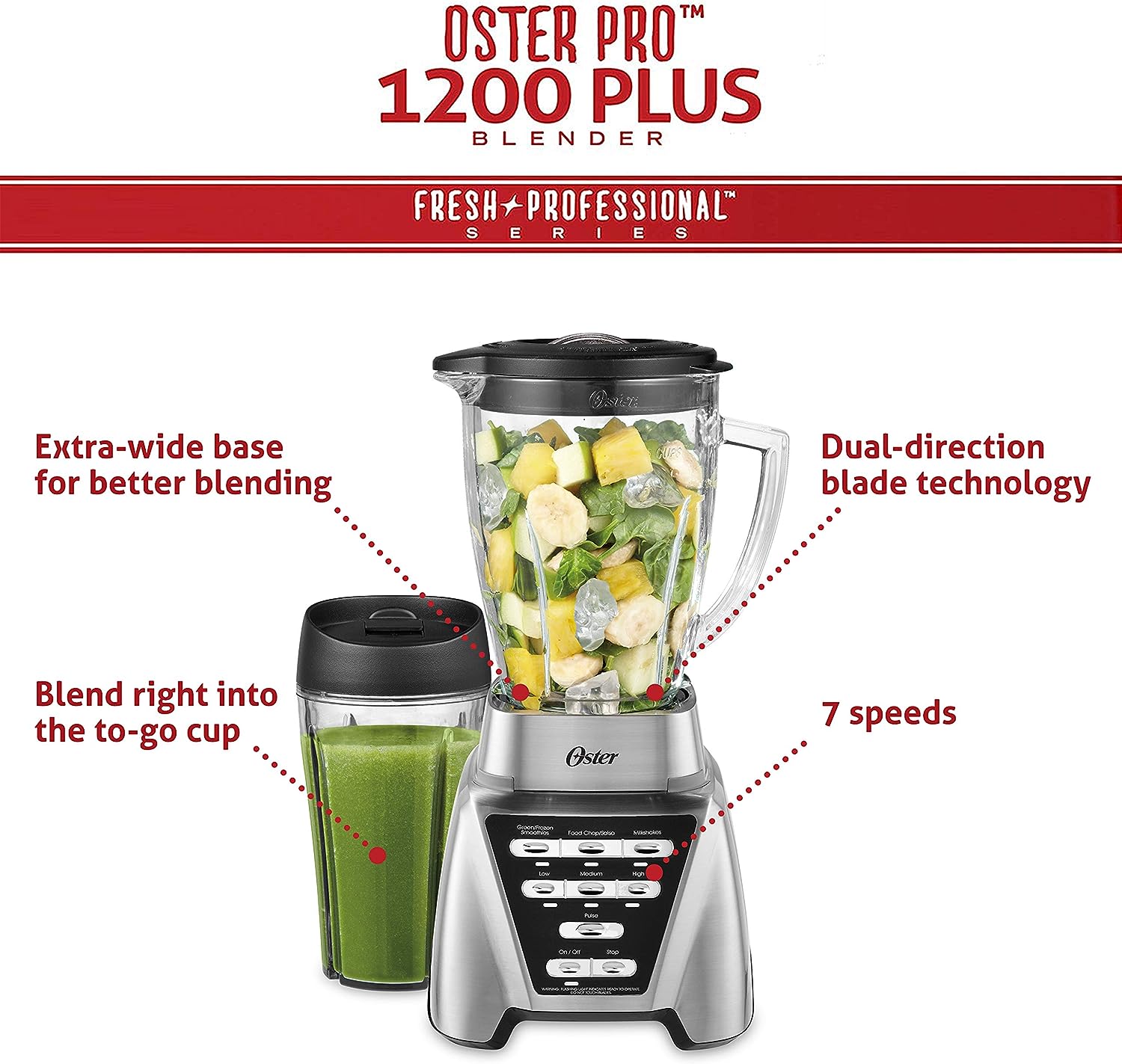Oster Pro 1200 Blender with Glass Jar & 24oz Smoothie Cup, Brushed Nickel, 7 Speeds, Dual Direction Blades, 1200W Power