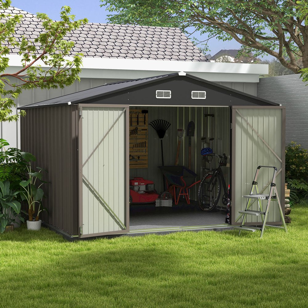 Patiowell 10x10 ft Metal Outdoor Storage Shed, Sloping Roof, Lockable Doors, Coffee Brown