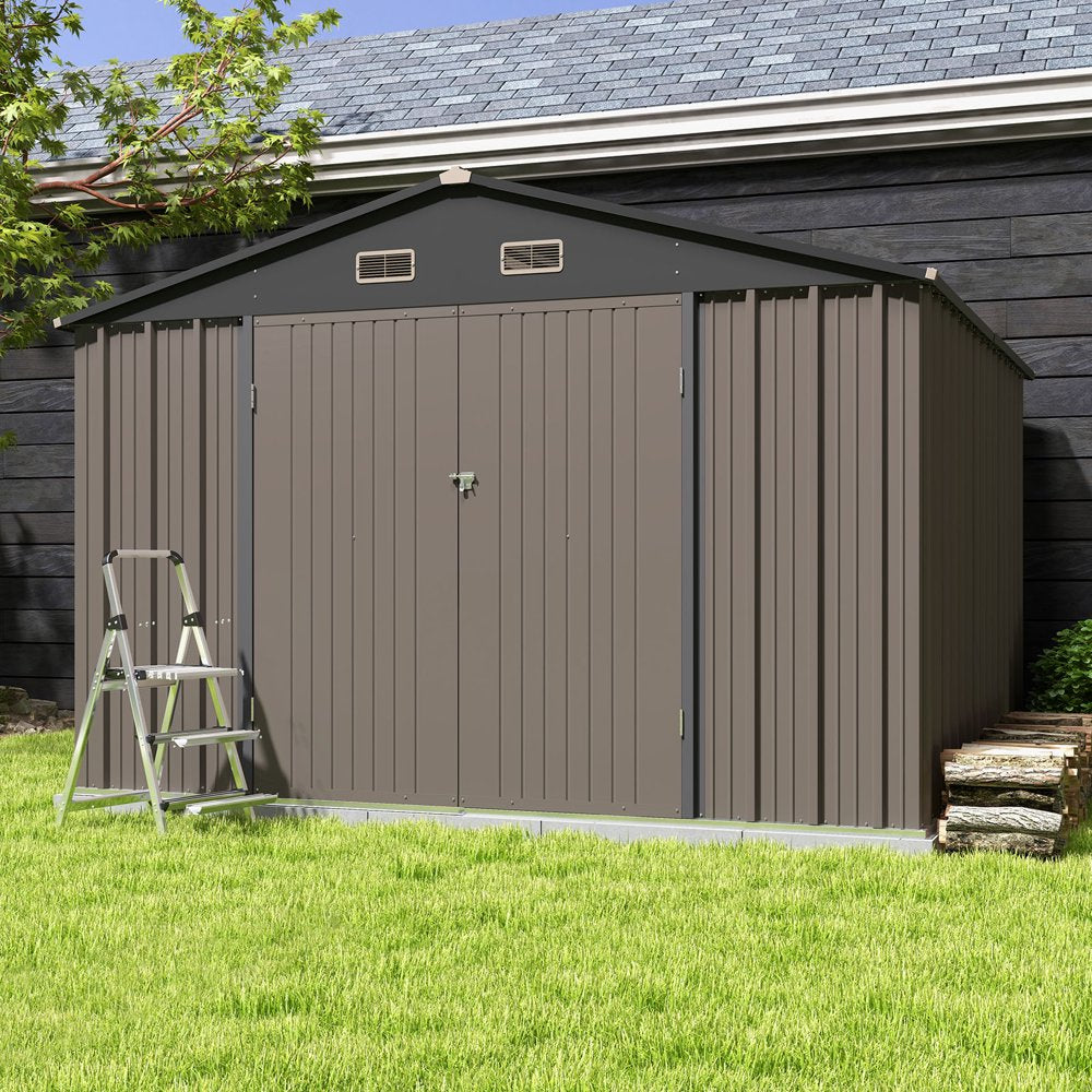 Patiowell 10x10 ft Metal Outdoor Storage Shed, Sloping Roof, Lockable Doors, Coffee Brown