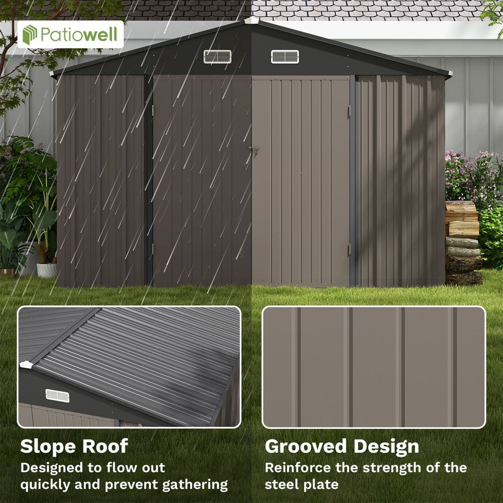 Patiowell 10x10 ft Metal Outdoor Storage Shed, Sloping Roof, Lockable Doors, Coffee Brown