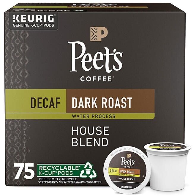 Peet's Coffee Decaf Dark Roast K-Cup Pods, House Blend, 75 Count - Rich, Spicy Flavor, Keurig Compatible
