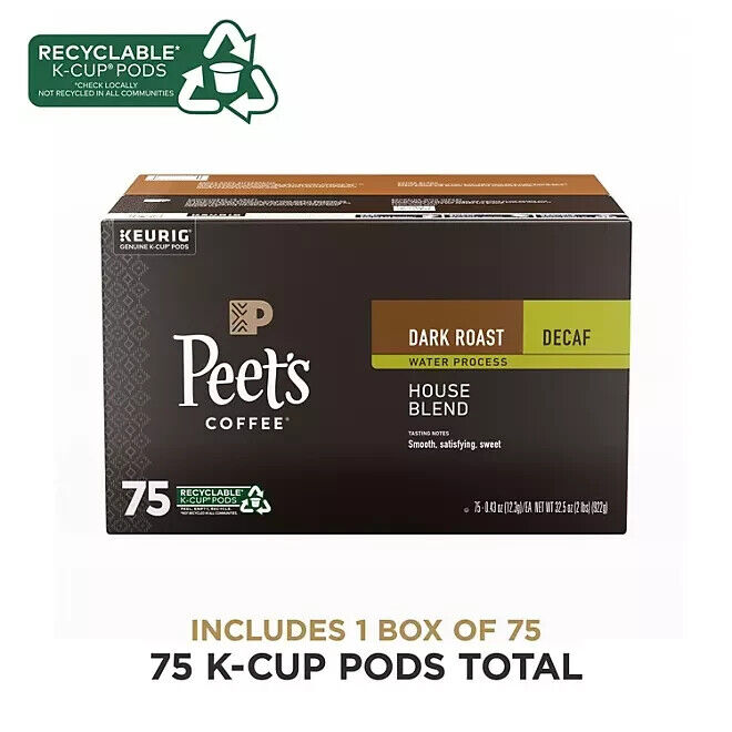Peet's Coffee Decaf Dark Roast K-Cup Pods, House Blend, 75 Count - Rich, Spicy Flavor, Keurig Compatible
