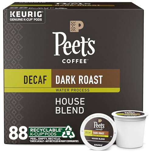 Peet's Coffee Decaf House Blend Dark Roast K-Cup Pods, 88 Count, Compatible with Keurig Brewers, 100% Arabica