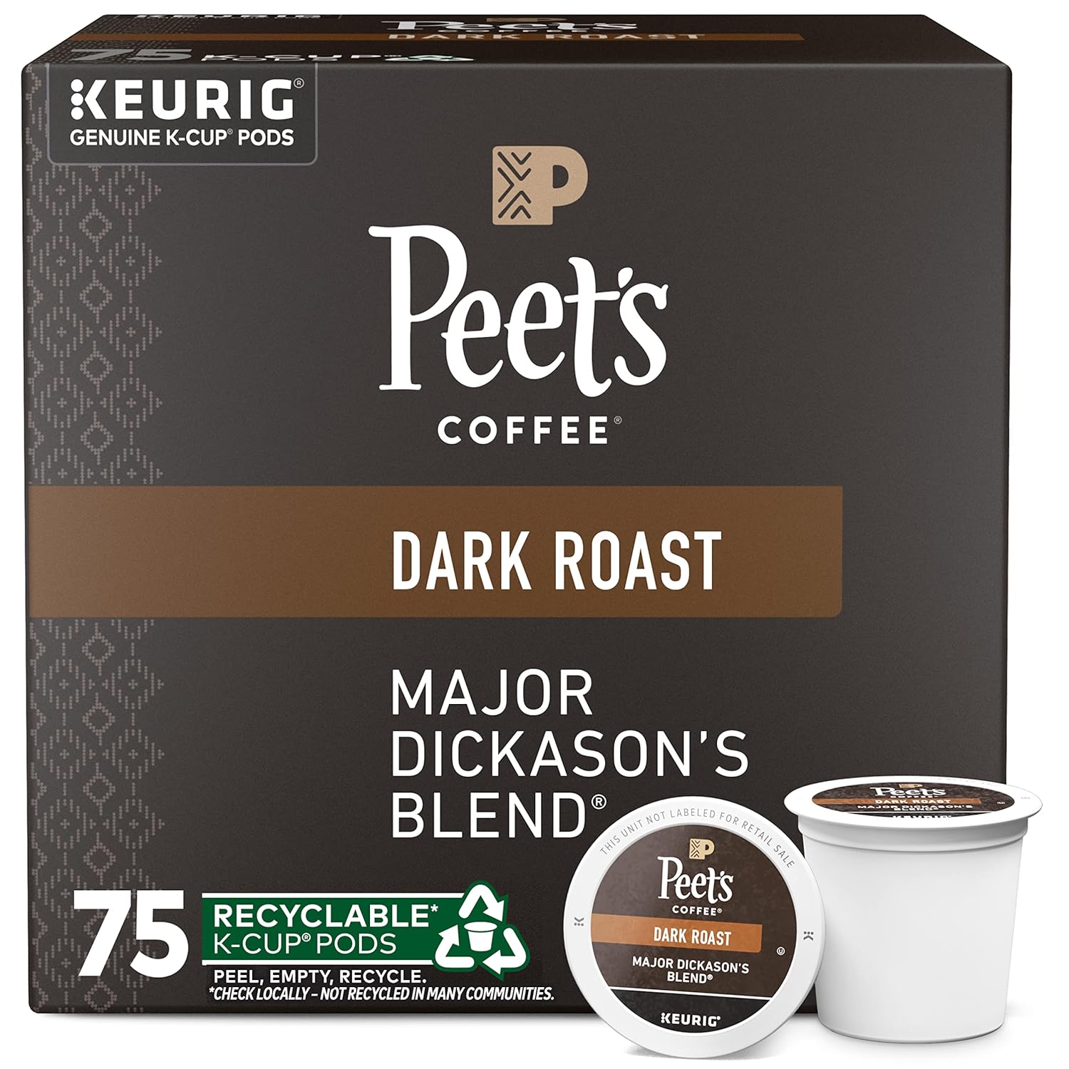 Peet's Coffee Major Dickason's Blend Dark Roast K-Cup Pods, 75 Count, Compatible with Keurig Brewers