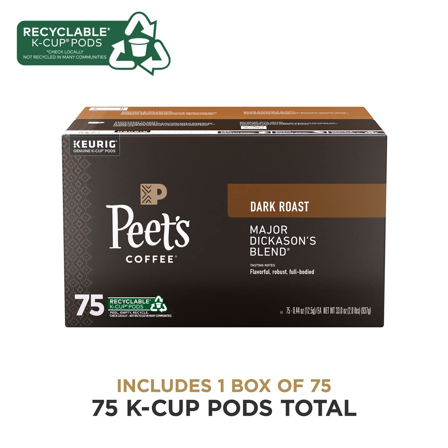 Peet's Coffee Major Dickason's Blend Dark Roast K-Cup Pods, 75 Count, Compatible with Keurig Brewers