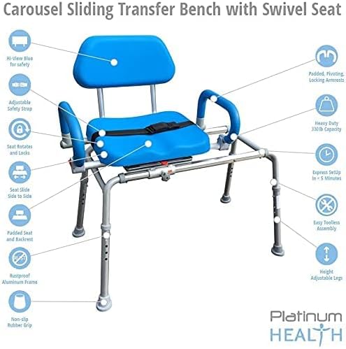 Platinum Health Carousel Sliding Shower Chair Transfer Bench, Swivel Seat, Padded, Adjustable, Blue, Aluminum, 300 lb Capacity