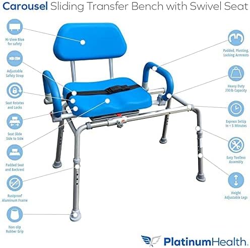 Platinum Health Carousel Sliding Shower Chair Transfer Bench, Swivel Seat, Padded, Adjustable, Blue, Aluminum, 300 lb Capacity