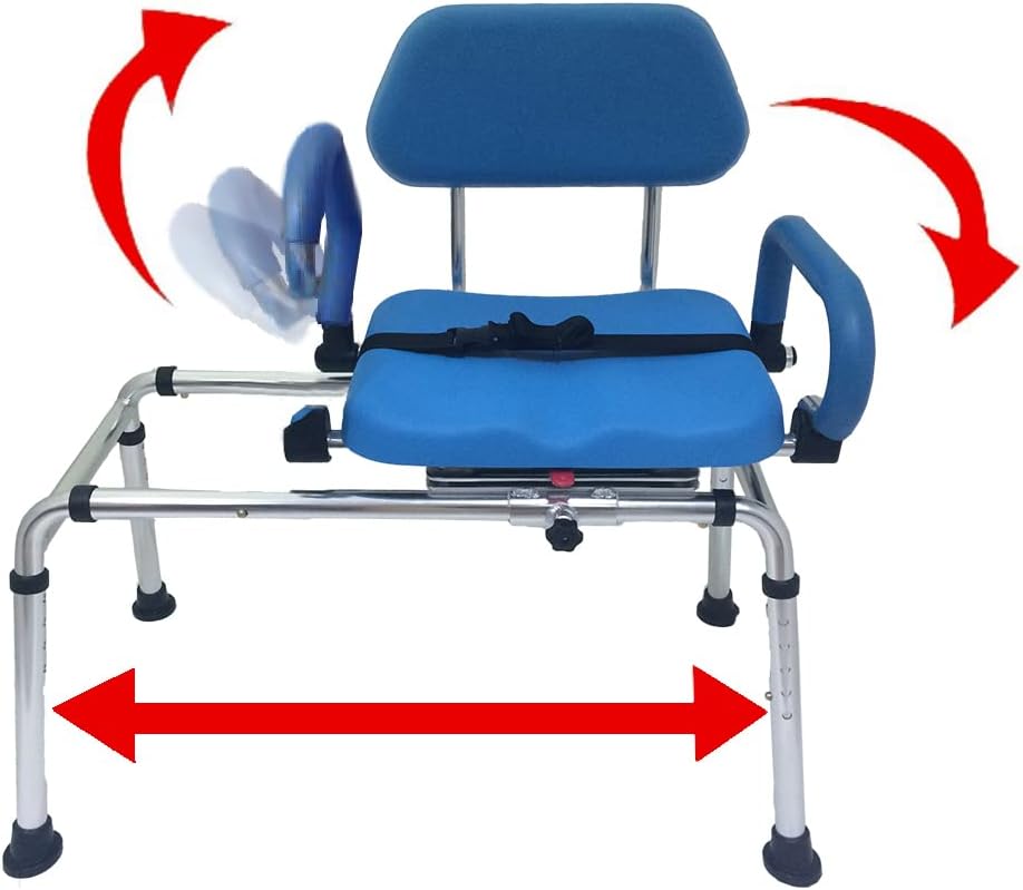 Platinum Health Carousel Sliding Shower Chair Transfer Bench, Swivel Seat, Padded, Adjustable, Blue, Aluminum, 300 lb Capacity