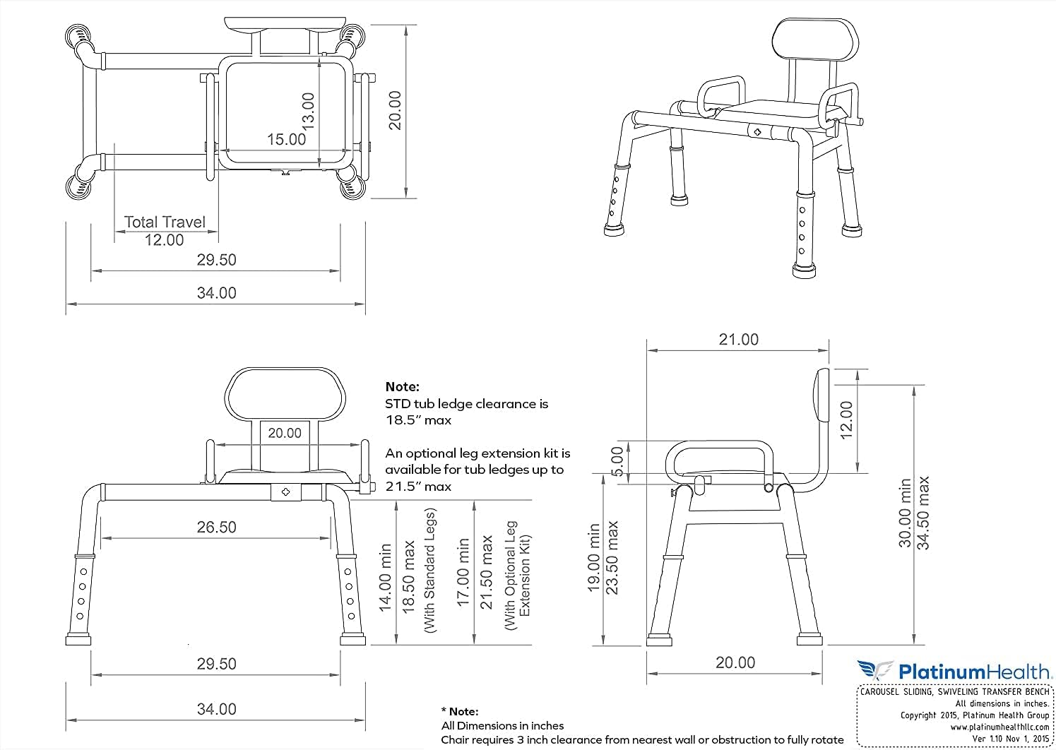 Platinum Health Carousel Sliding Shower Chair Transfer Bench, Swivel Seat, Padded, Adjustable, Blue, Aluminum, 300 lb Capacity