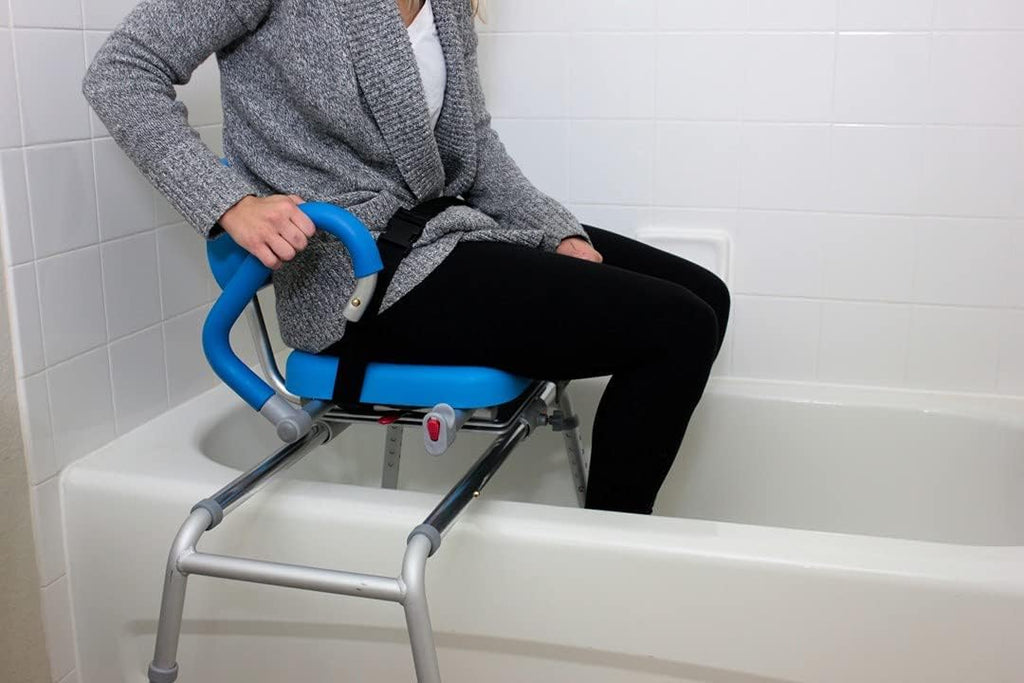 Platinum Health Carousel Sliding Shower Chair Transfer Bench, Swivel Seat, Padded, Adjustable, Blue, Aluminum, 300 lb Capacity