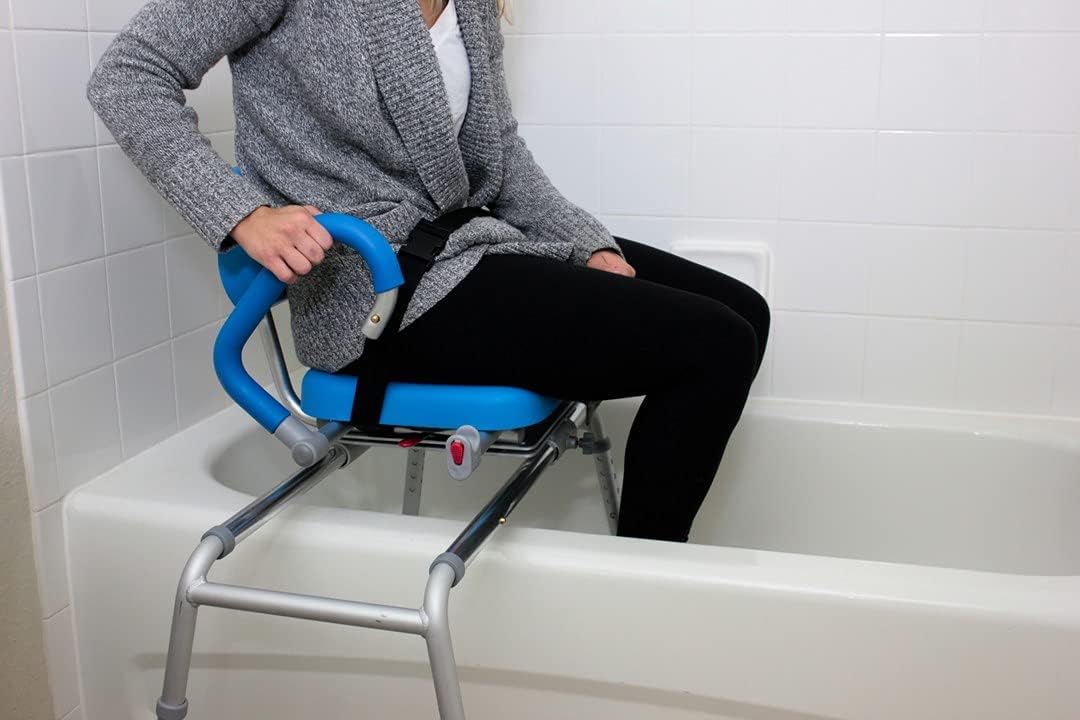 Platinum Health Carousel Sliding Shower Chair Transfer Bench, Swivel Seat, Padded, Adjustable, Blue, Aluminum, 300 lb Capacity