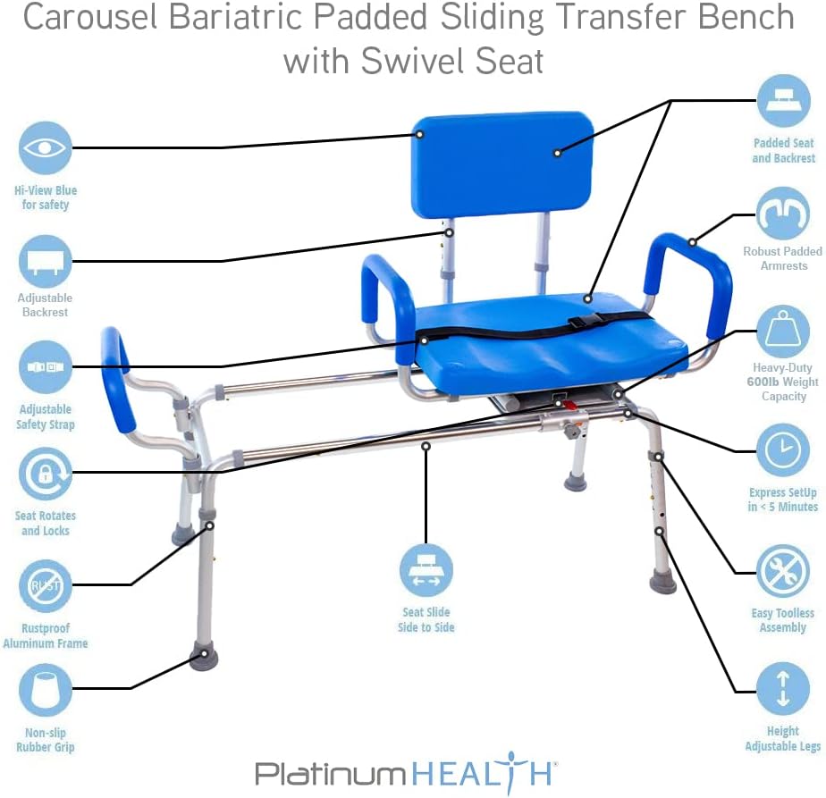 Platinum Health Carousel Sliding Shower Chair Transfer Bench, Swivel Seat, Padded, Adjustable, Blue, Aluminum, 300 lb Capacity