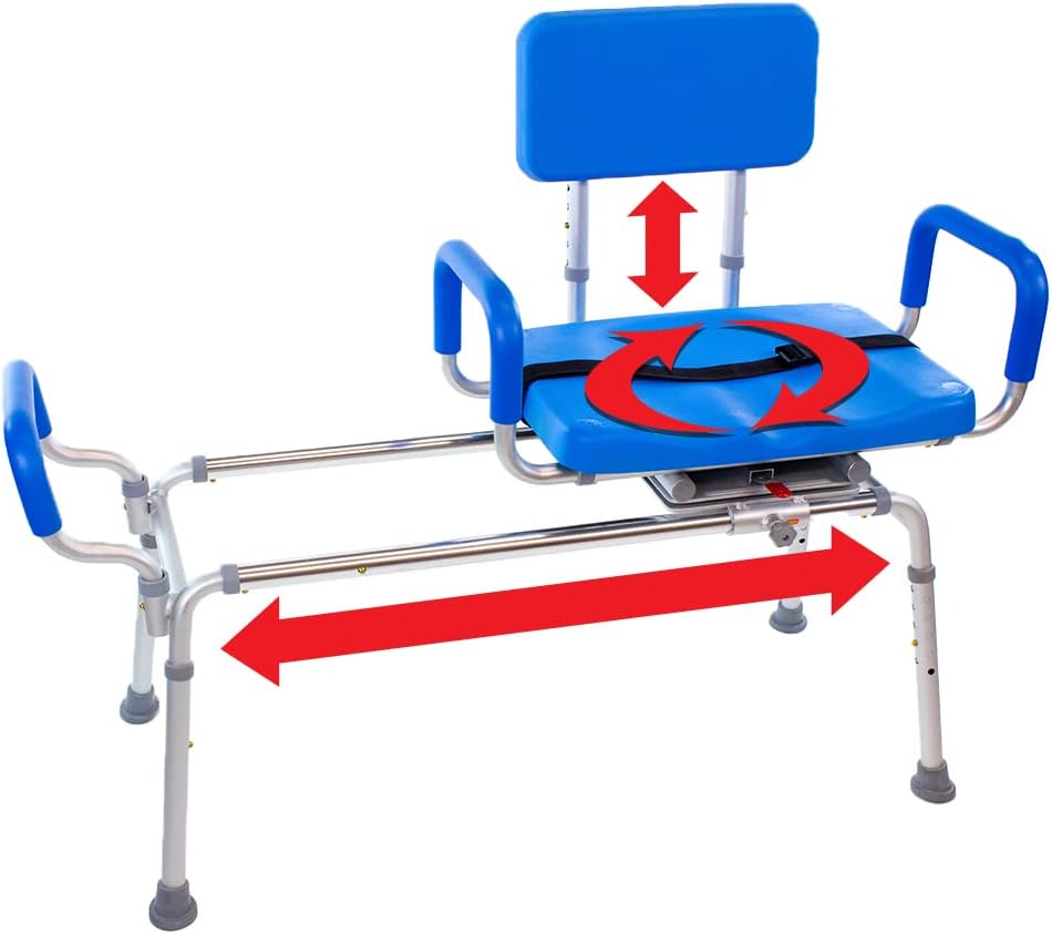 Platinum Health Carousel Sliding Shower Chair Transfer Bench, Swivel Seat, Padded, Adjustable, Blue, Aluminum, 300 lb Capacity