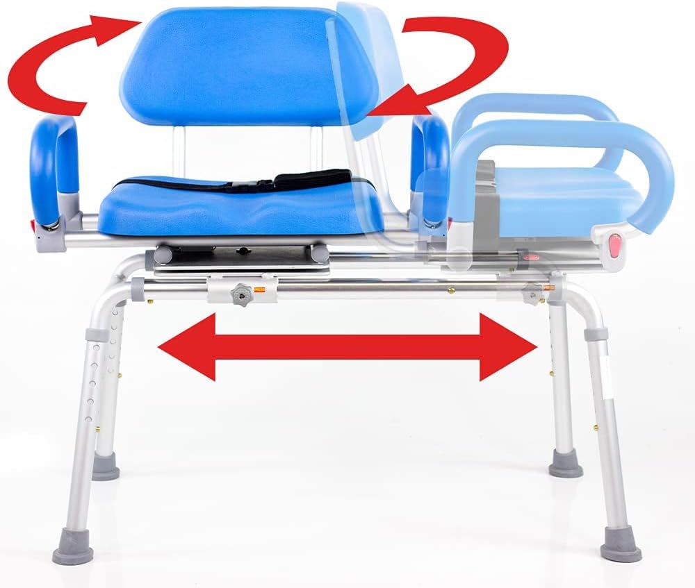 Platinum Health Carousel Sliding Shower Chair Transfer Bench, Swivel Seat, Padded, Adjustable, Blue, Aluminum, 300 lb Capacity