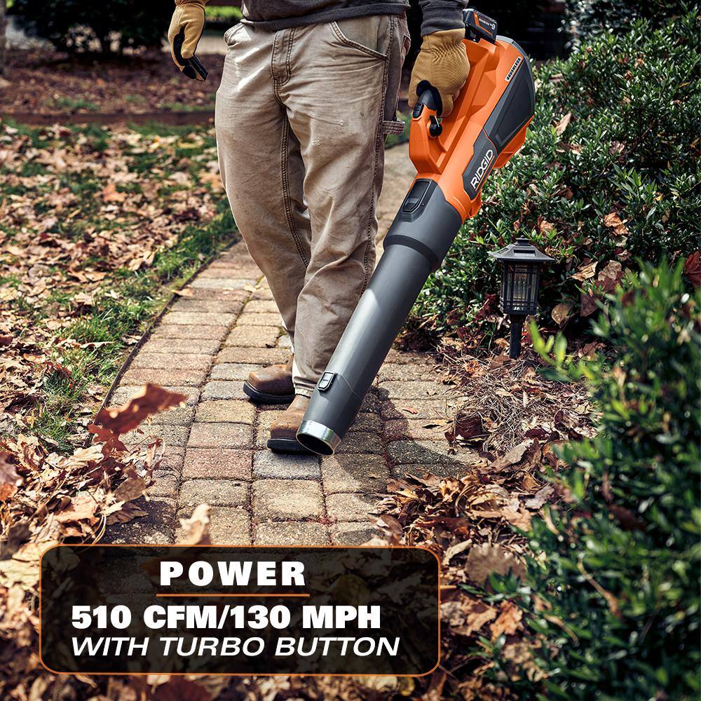 RIDGID 18V Brushless Cordless Leaf Blower R01601K, 510 CFM, 130 MPH, 6.0Ah Battery & Charger Included