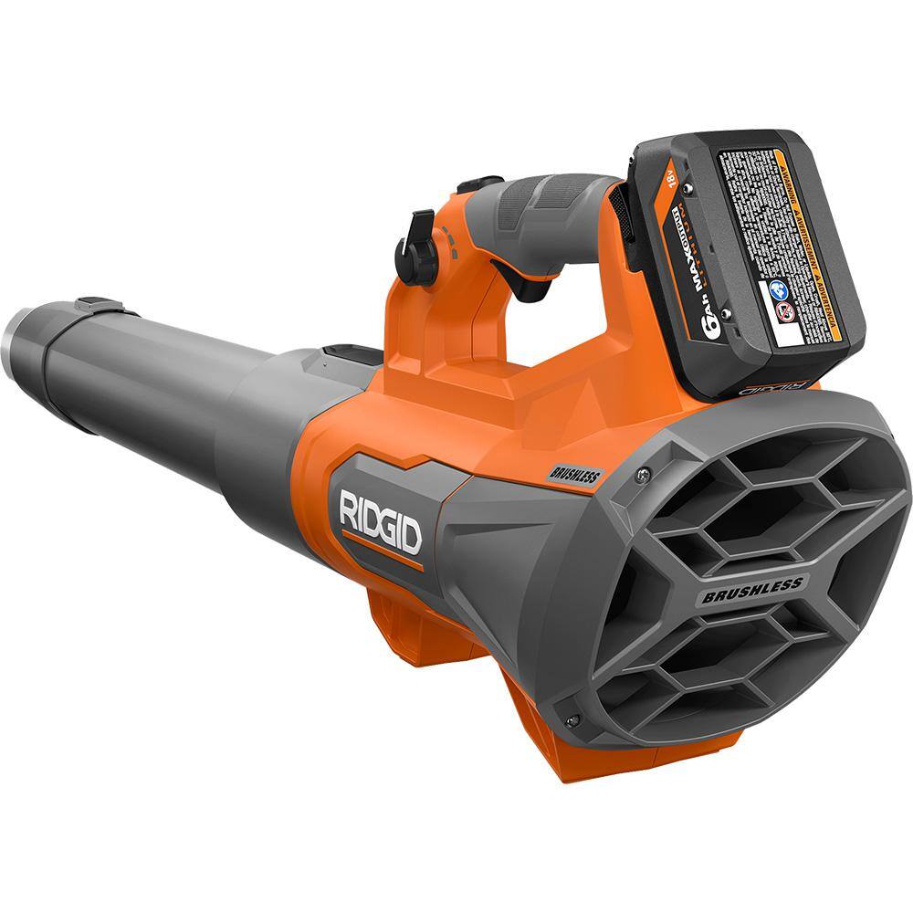 RIDGID 18V Brushless Cordless Leaf Blower R01601K, 510 CFM, 130 MPH, 6.0Ah Battery & Charger Included