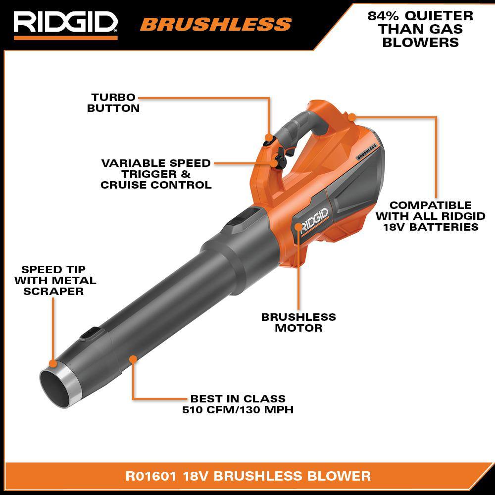 RIDGID 18V Brushless Cordless Leaf Blower R01601K, 510 CFM, 130 MPH, 6.0Ah Battery & Charger Included