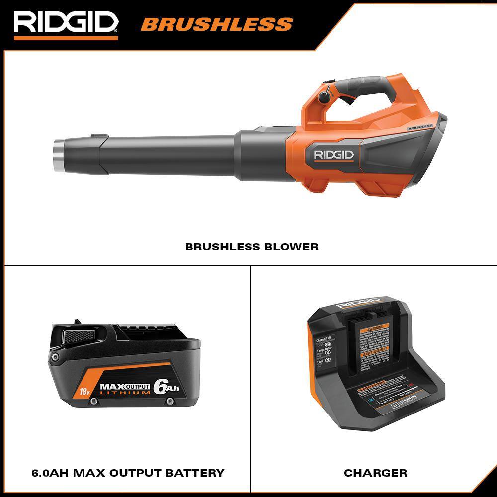 RIDGID 18V Brushless Cordless Leaf Blower R01601K, 510 CFM, 130 MPH, 6.0Ah Battery & Charger Included