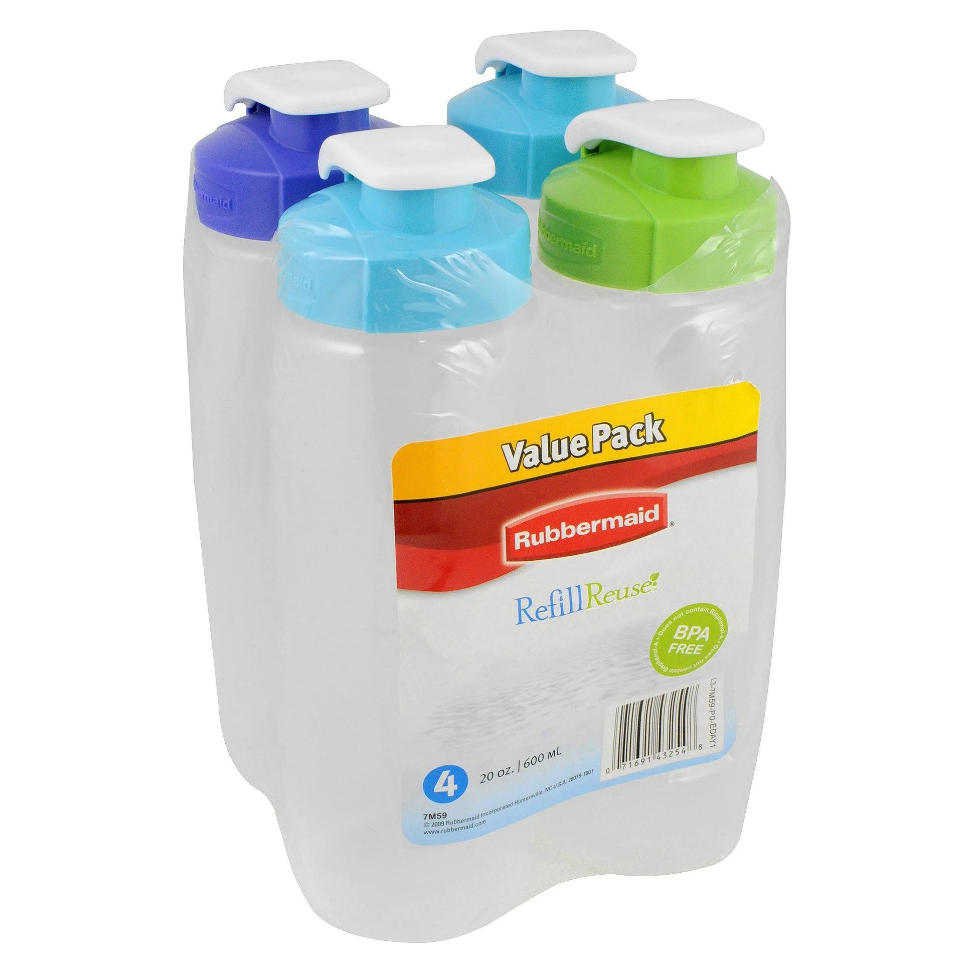 Rubbermaid 20oz Refill Reuse Chug Water Bottles 4-Pack, Leak-Proof, Easy-Grip, Blue/Green