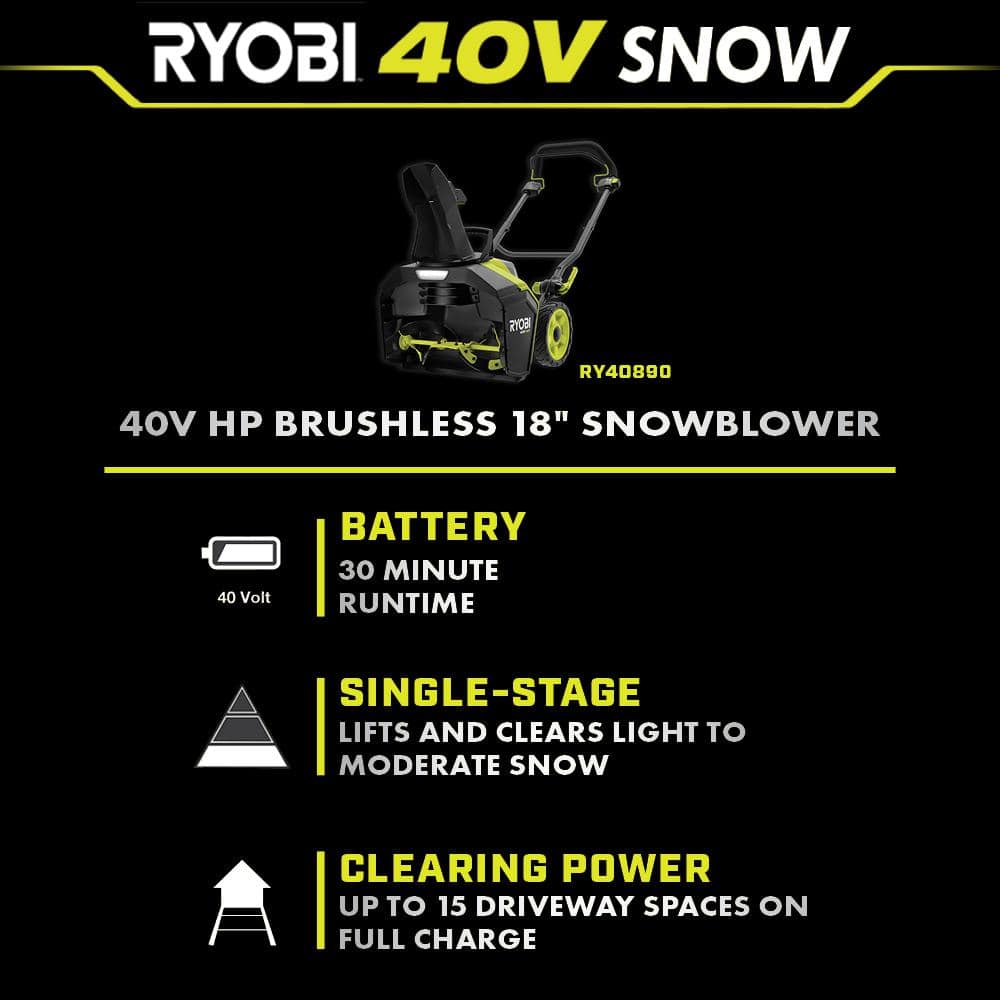 RYOBI 40V HP Brushless 18" Cordless Electric Snow Blower with 6.0 Ah Battery & Charger