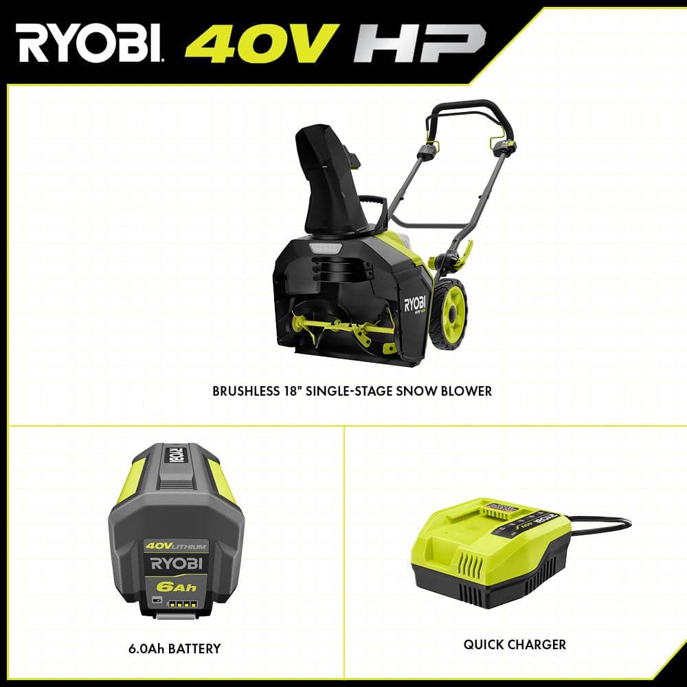 RYOBI 40V HP Brushless 18" Cordless Electric Snow Blower with 6.0 Ah Battery & Charger