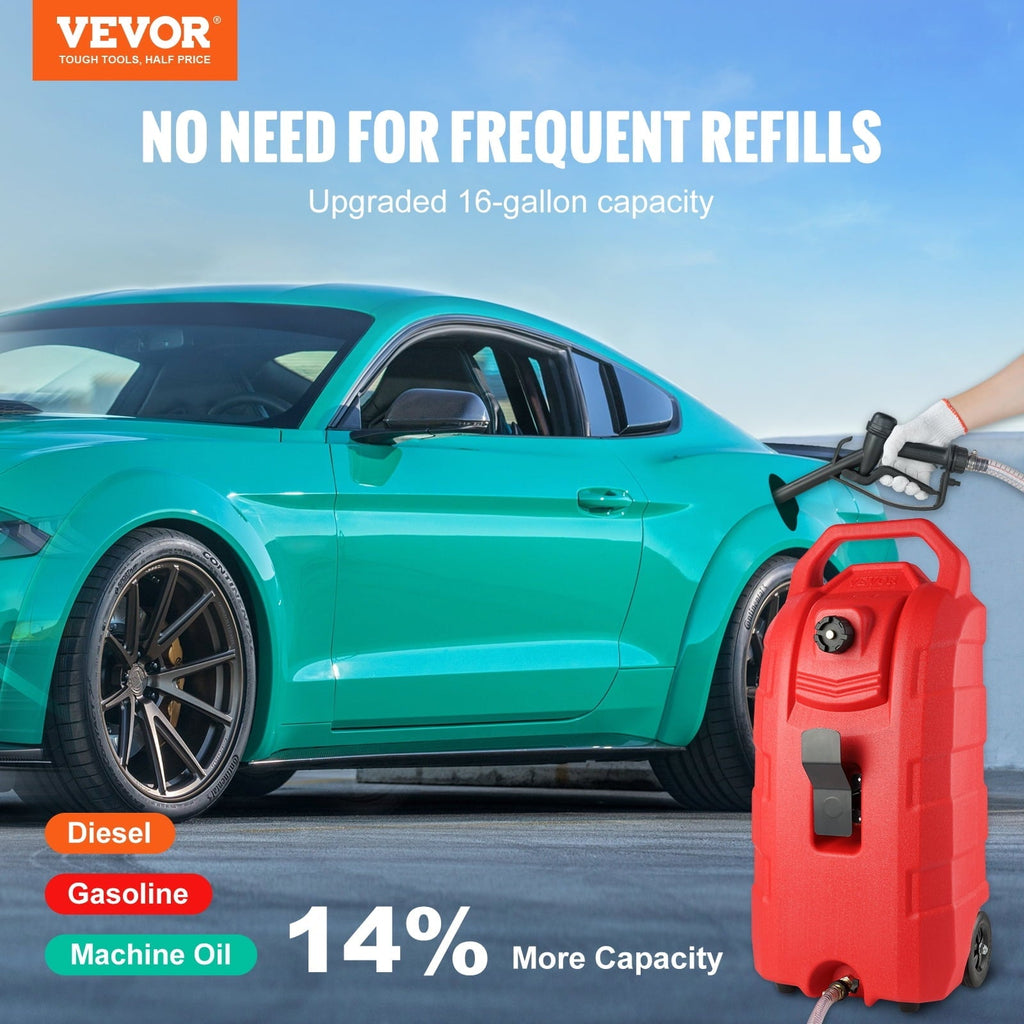 SKYSHALO 16 Gallon Portable Fuel Caddy with Manual Pump and 6-Inch Wheels for Gasoline and Diesel