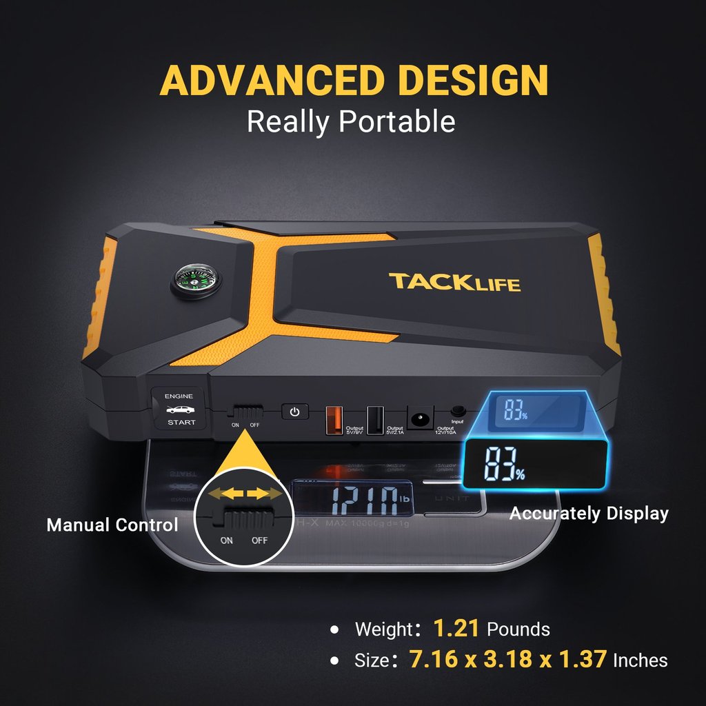 TACKLIFE T8 Car Jump Starter 800A 18000mAh for 7.0L Gas & 5.5L Diesel, 12V Battery Booster with Quick Charge & Safety Features