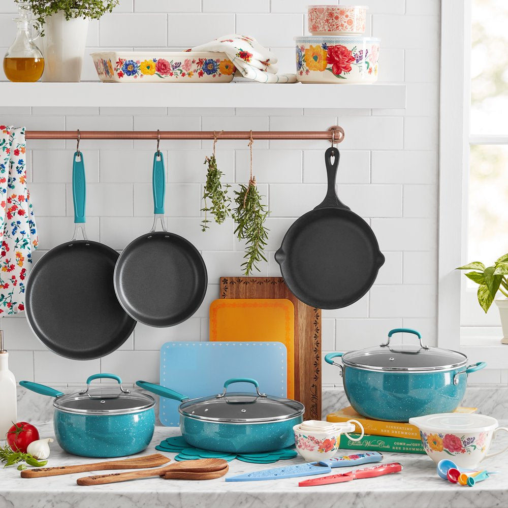 The Pioneer Woman 38-Piece Cookware Set, Teal, Floral Design, Complete Kitchen Solution