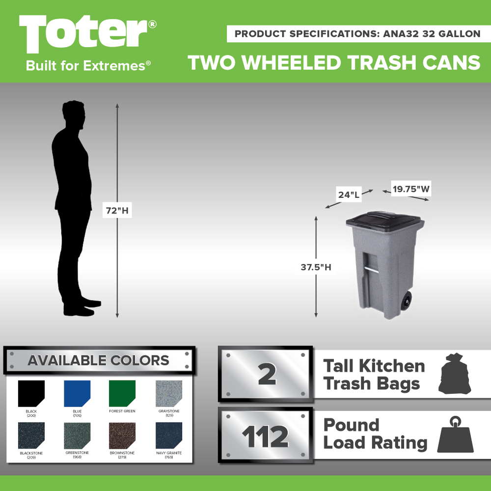 Toter 32 Gallon Greenstone Trash Can with Quiet Wheels &amp; Attached Lid - Durable Indoor/Outdoor Waste &amp; Recycling Container