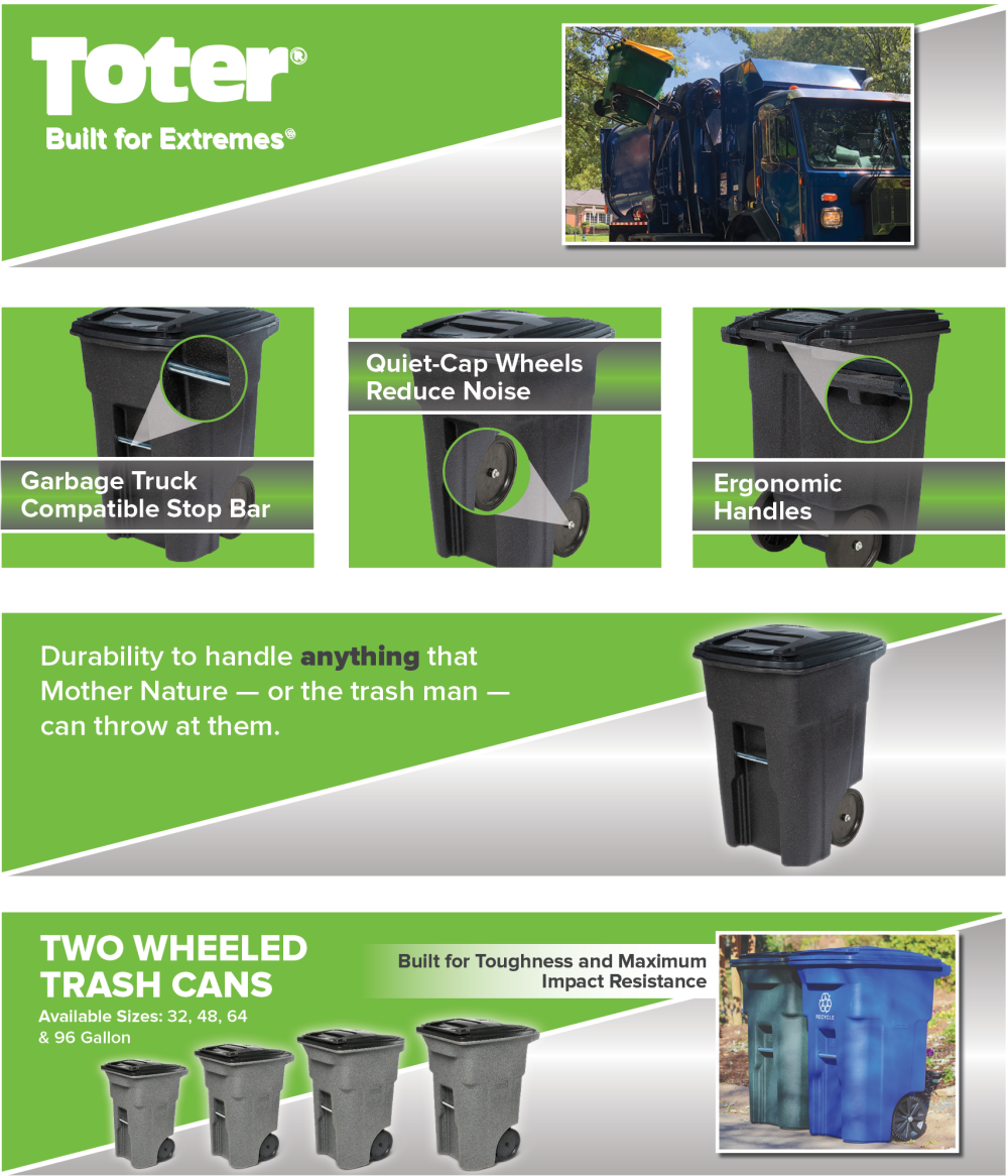 Toter 48 Gallon Green Trash Can with Quiet Wheels and Lid for Curbside Collection