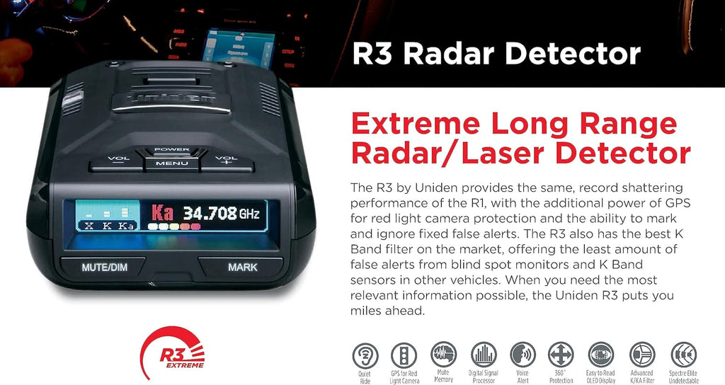 Uniden R3 Extreme Long Range Radar Detector with GPS, Voice Alerts, Red Light & Speed Camera Notifications, Multi-Color OLED Display