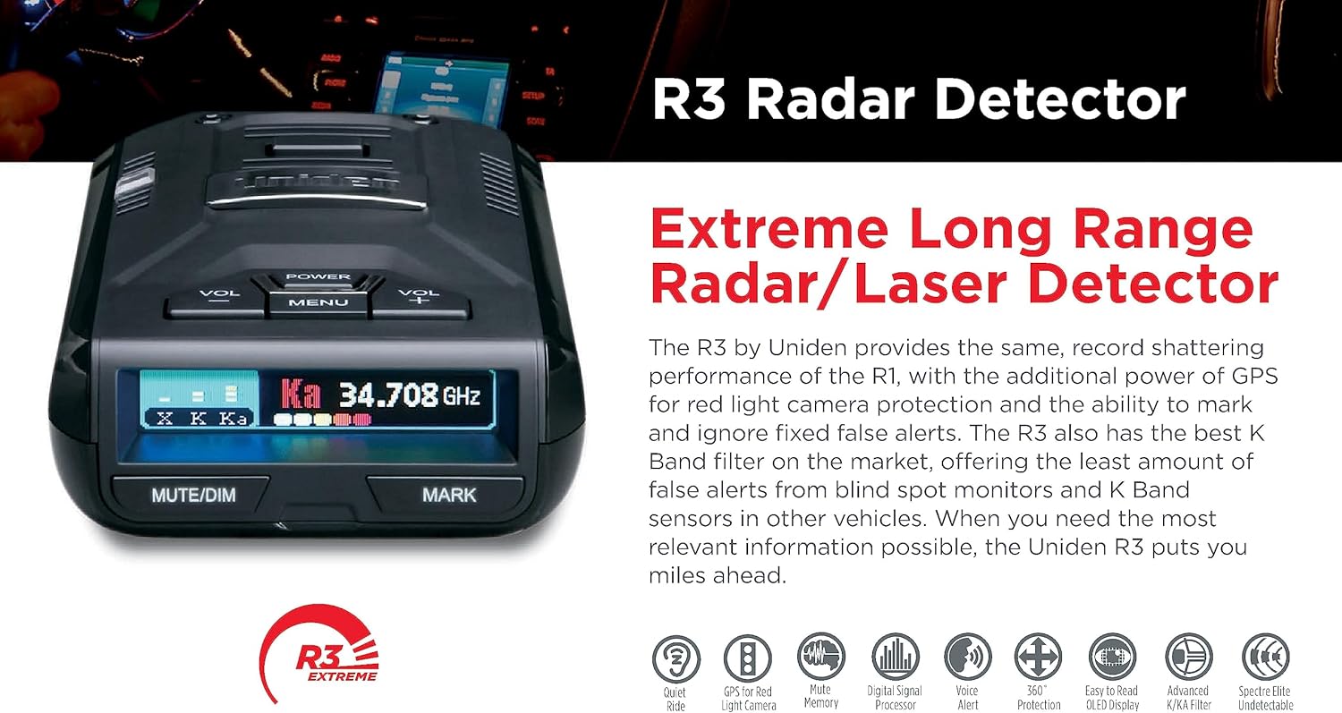 Uniden R3 Extreme Long Range Radar Detector with GPS, Voice Alerts, Red Light & Speed Camera Notifications, Multi-Color OLED Display