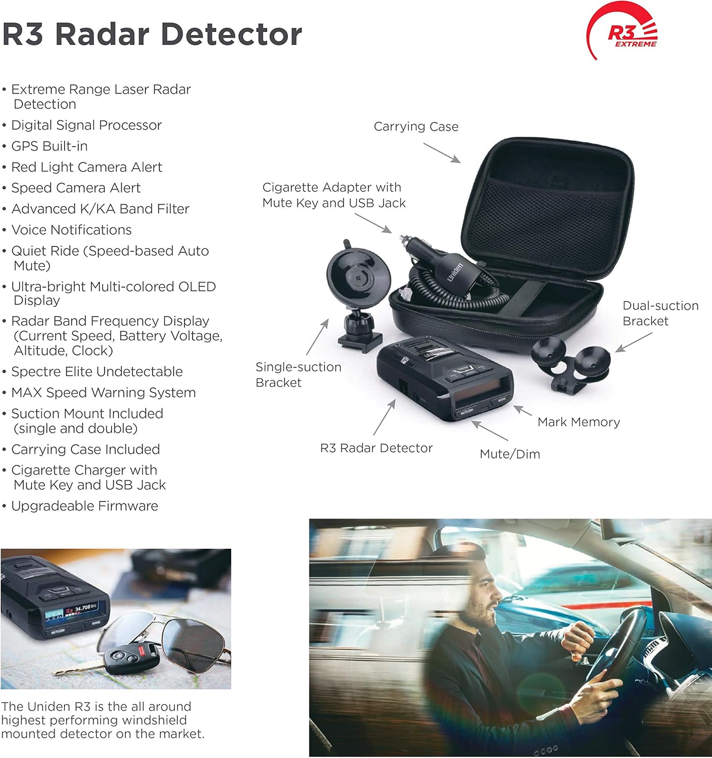 Uniden R3 Extreme Long Range Radar Detector with GPS, Voice Alerts, Red Light & Speed Camera Notifications, Multi-Color OLED Display