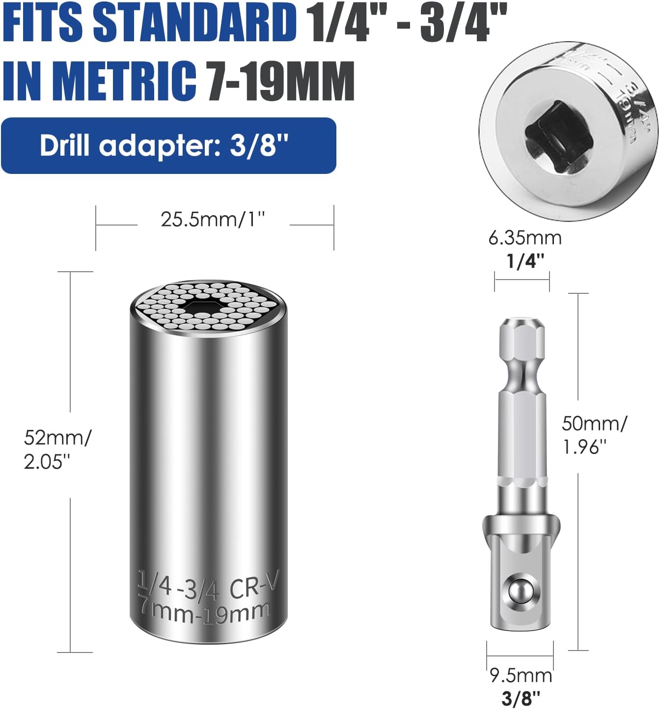 Universal Socket Set 4PCS - Multi-Function Chrome Vanadium Steel Tool Kit with Drill Adapters for 7-32mm Nuts