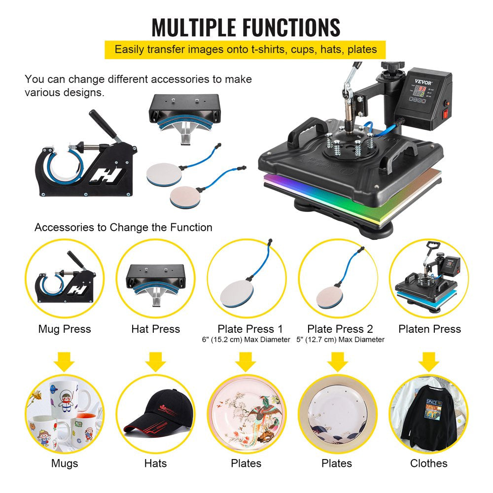 VEVOR 5 in 1 Digital Heat Press Machine for T-Shirts, Hats, Mugs, Plates - 360Â° Rotation, 1050W, Insulated, Complete Kit